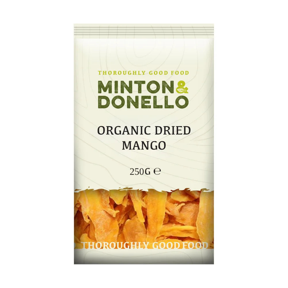 Minton & Donello organic dried mango packaging on a white background