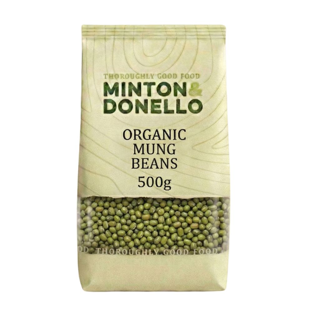 Bag of Minton & Donello organic mung beans on a white background