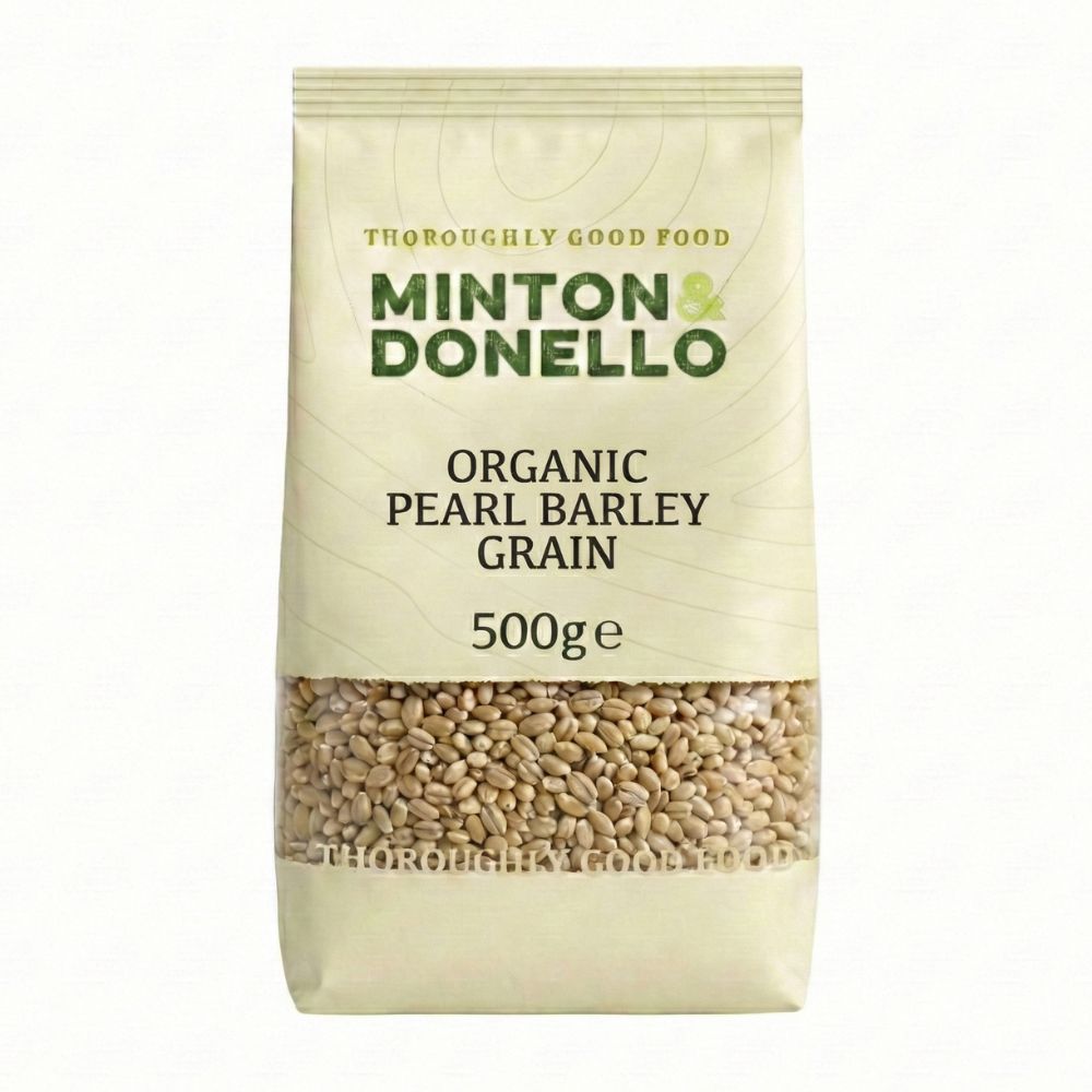 Bag of Minton & Donello Organic Pearl Barley Grain on a white background