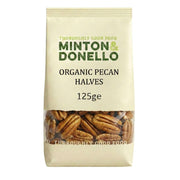 Packaging of Minton & Donello organic pecan halves on a white background
