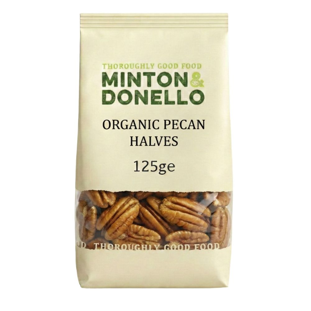 Packaging of Minton & Donello organic pecan halves on a white background