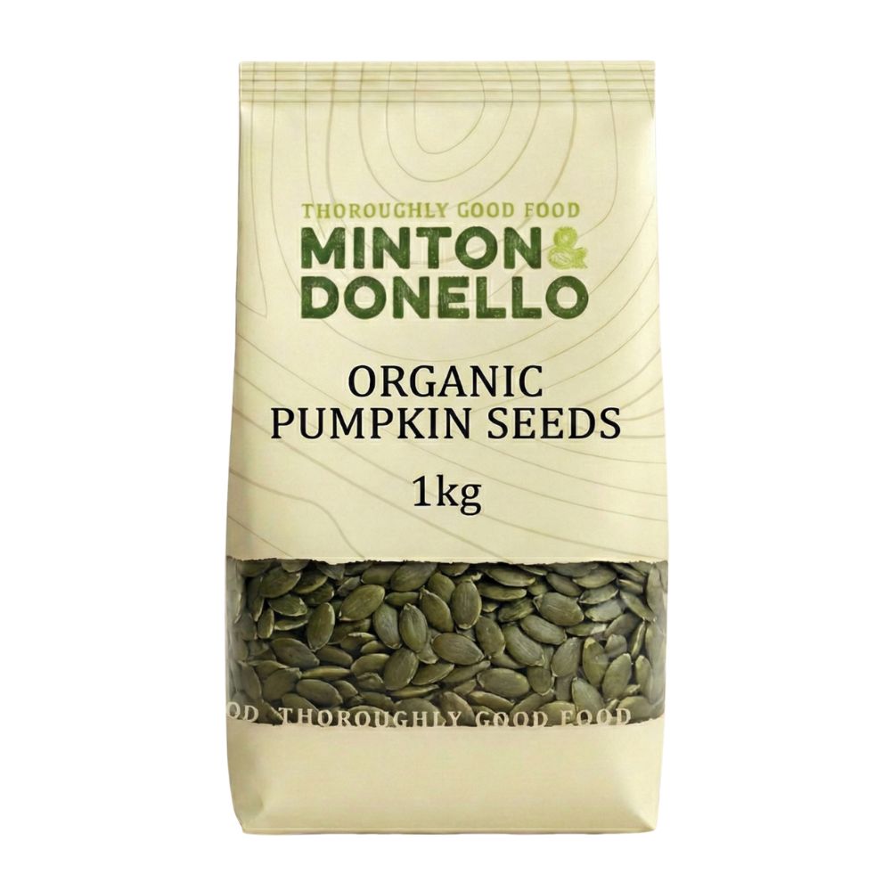 Bag of Minton & Donello organic pumpkin seeds on a white background