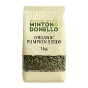 Bag of Minton & Donello organic pumpkin seeds on a white background