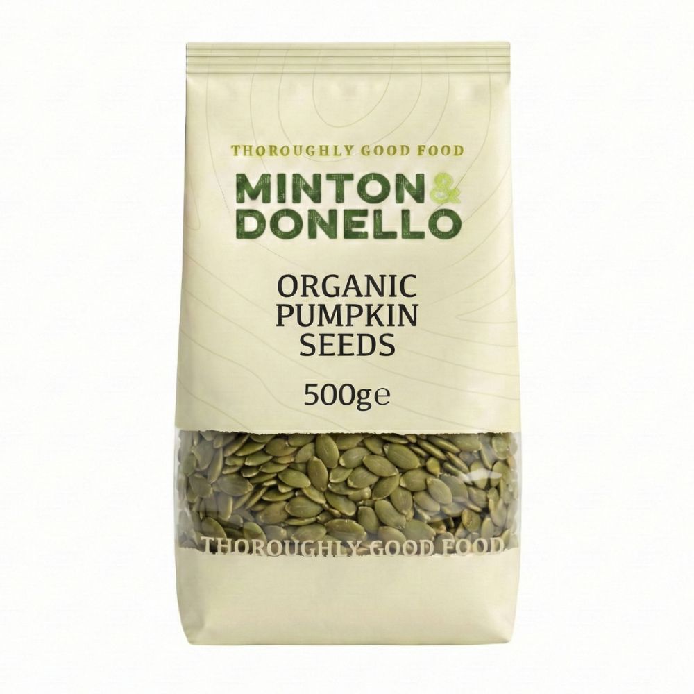 Bag of Minton & Donello organic pumpkin seeds on a white background