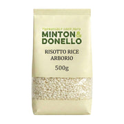 Bag of Minton & Donello Arborio risotto rice on a white background