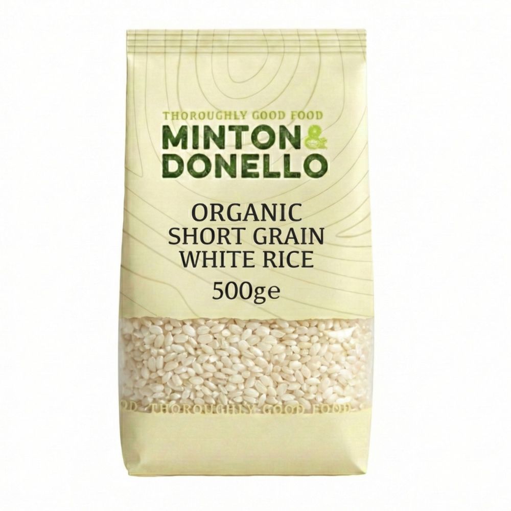Bag of Minton & Donello organic short grain white rice on a white background
