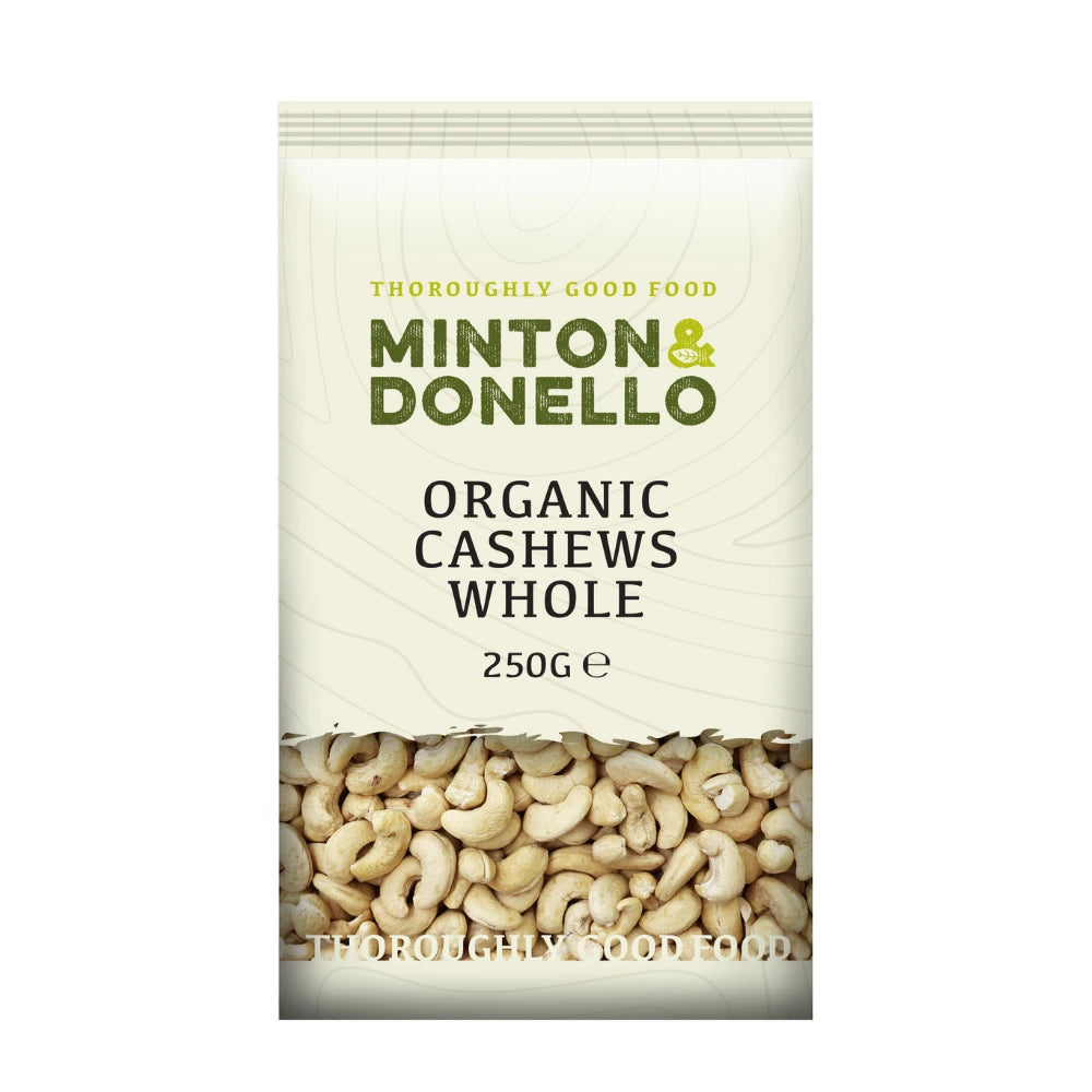 Packaging of Minton & Donello organic cashews whole on a white background