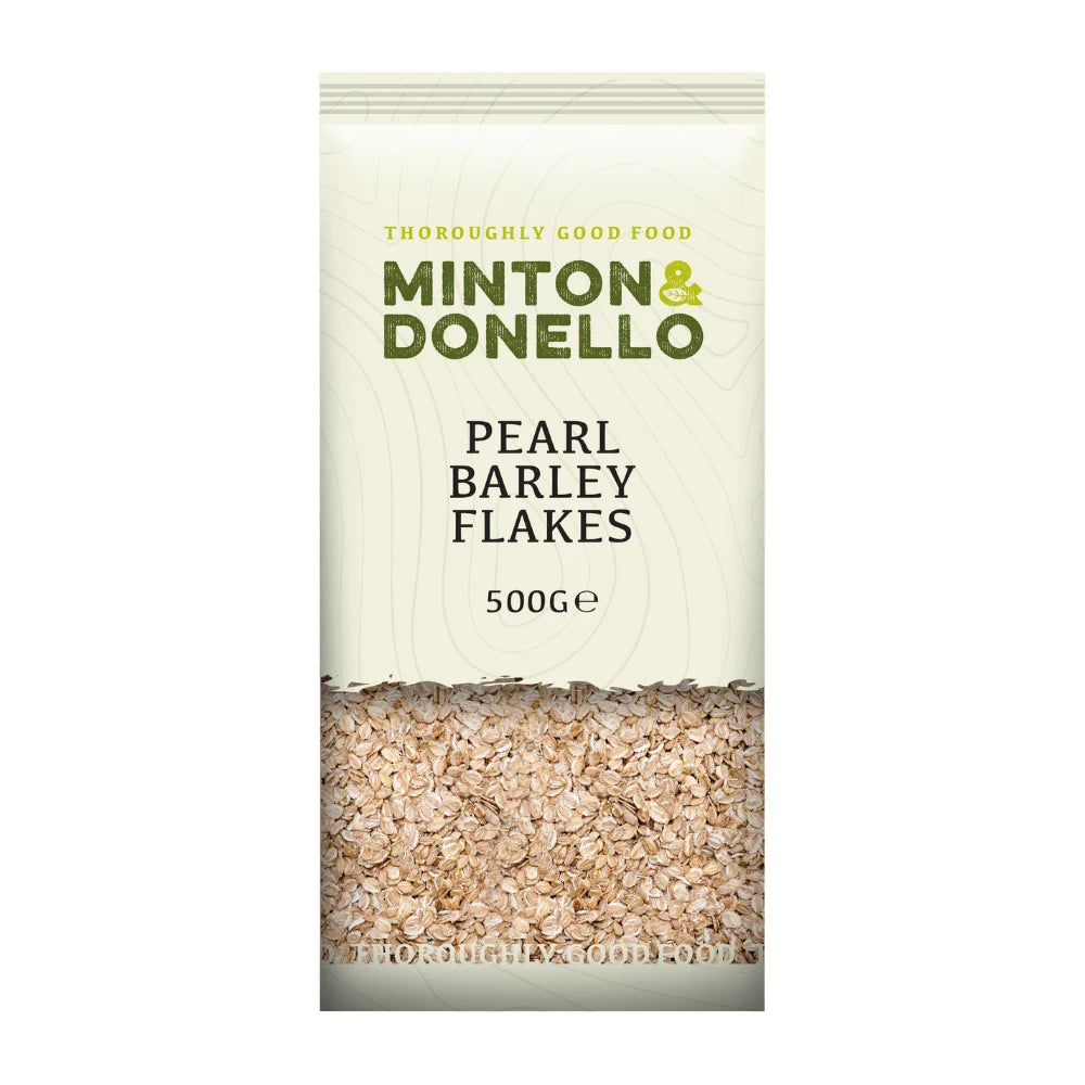 Package of Minton & Donello Pearl Barley Flakes on a white background