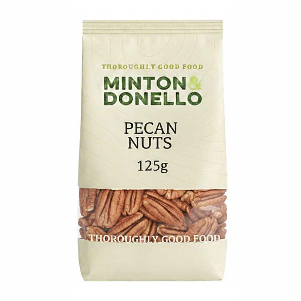 Bag of Minton & Donello pecan nuts on a white background