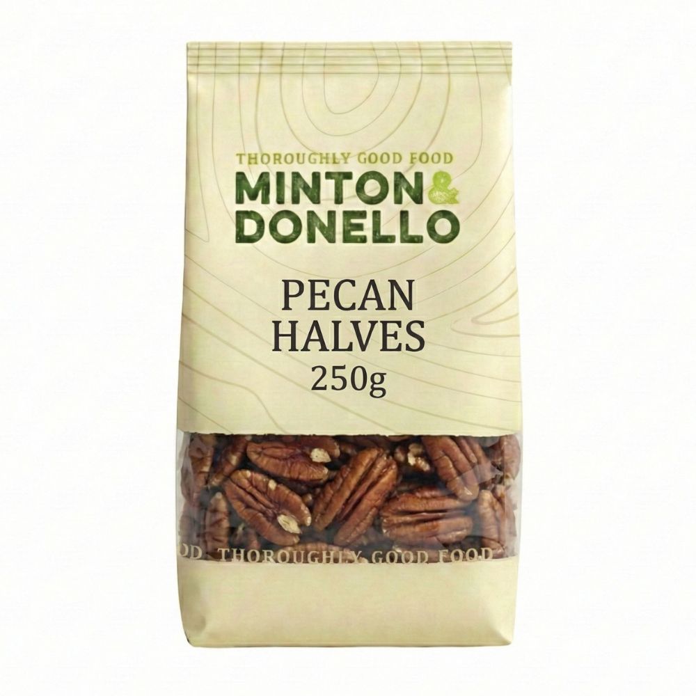 Bag of Minton & Donello pecan halves on a white background