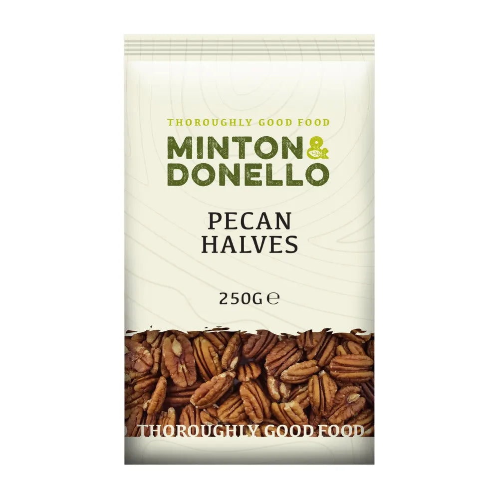 Packaging of Minton & Donello pecan halves on a white background