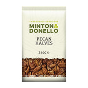 Packaging of Minton & Donello pecan halves on a white background