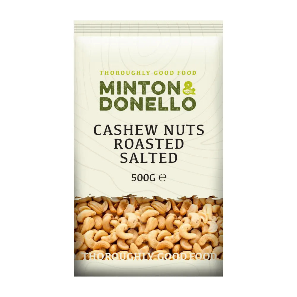 Packaging of Minton & Donello roasted salted cashew nuts on a white background