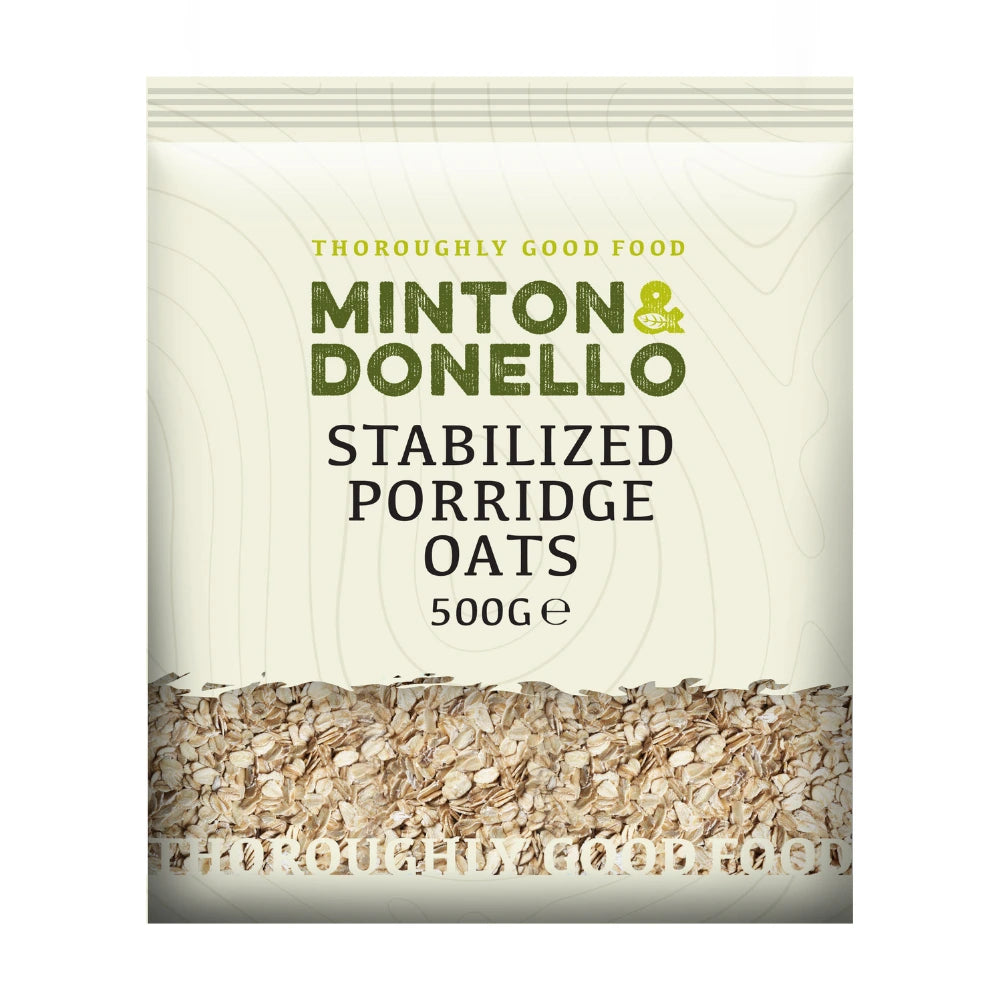 Packaging of Minton & Donello stabilized porridge oats with visible oats on a white background.