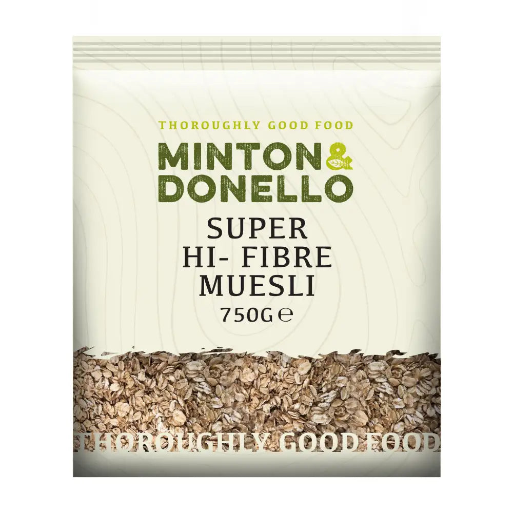 Minton & Donello Super Hi-Fibre Muesli packaging on a white background
