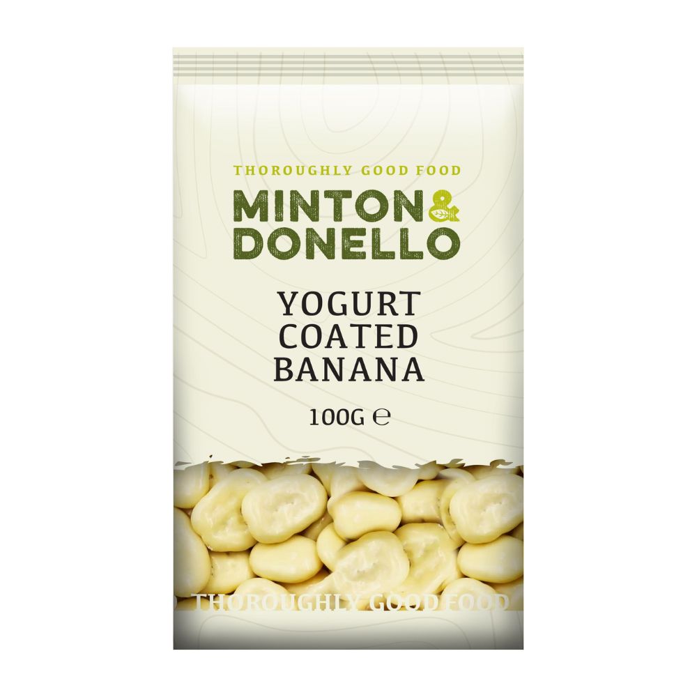 Packaging of Minton & Donello yogurt-coated banana snacks on a white background