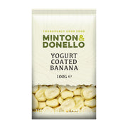 Packaging of Minton & Donello yogurt-coated banana snacks on a white background