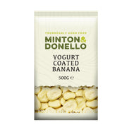 Packaging of Minton & Donello yogurt-coated banana snacks on a white background