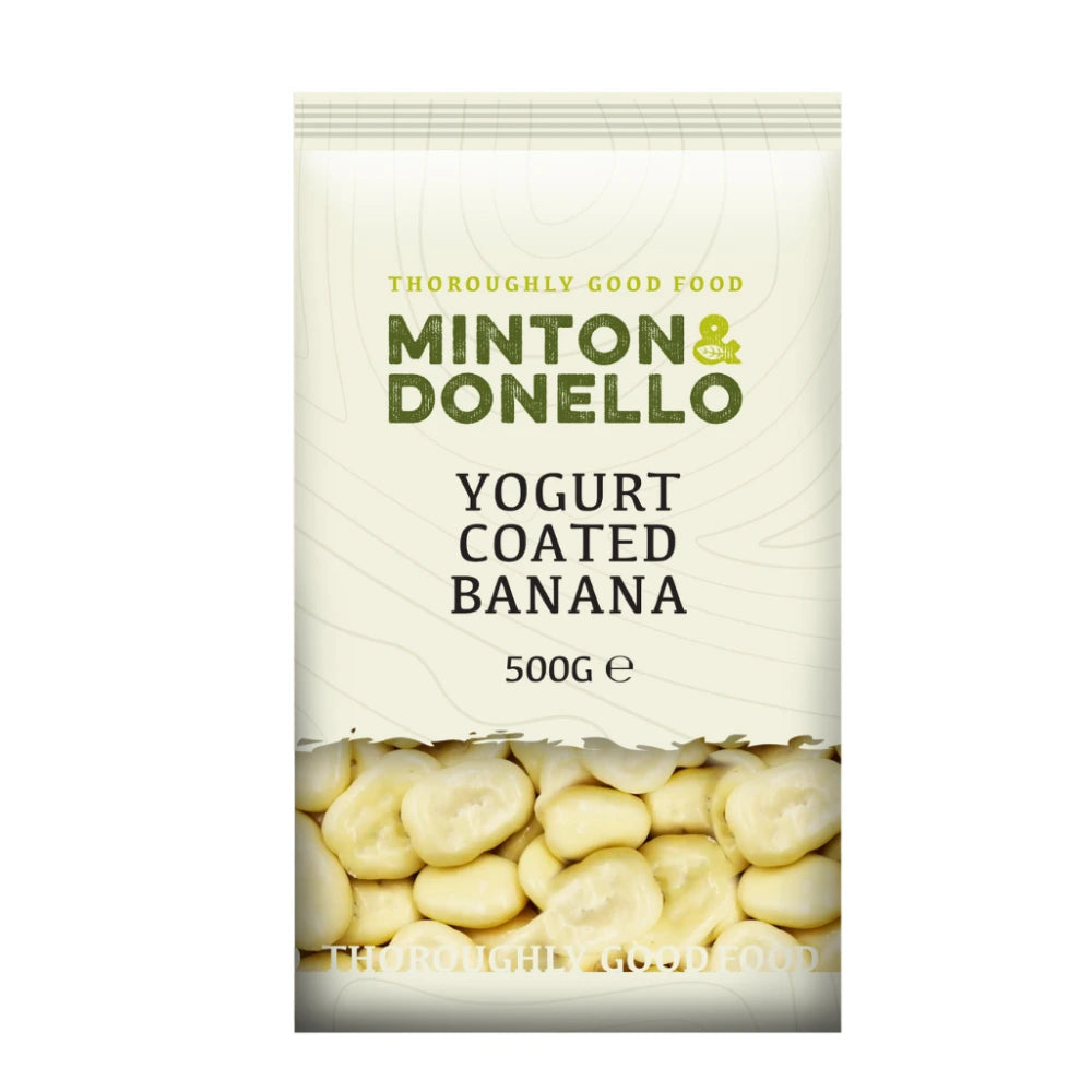 Packaging of Minton & Donello yogurt-coated banana snacks on a white background