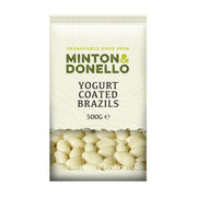 Packaging of Minton & Donello yogurt-coated brazils on a white background