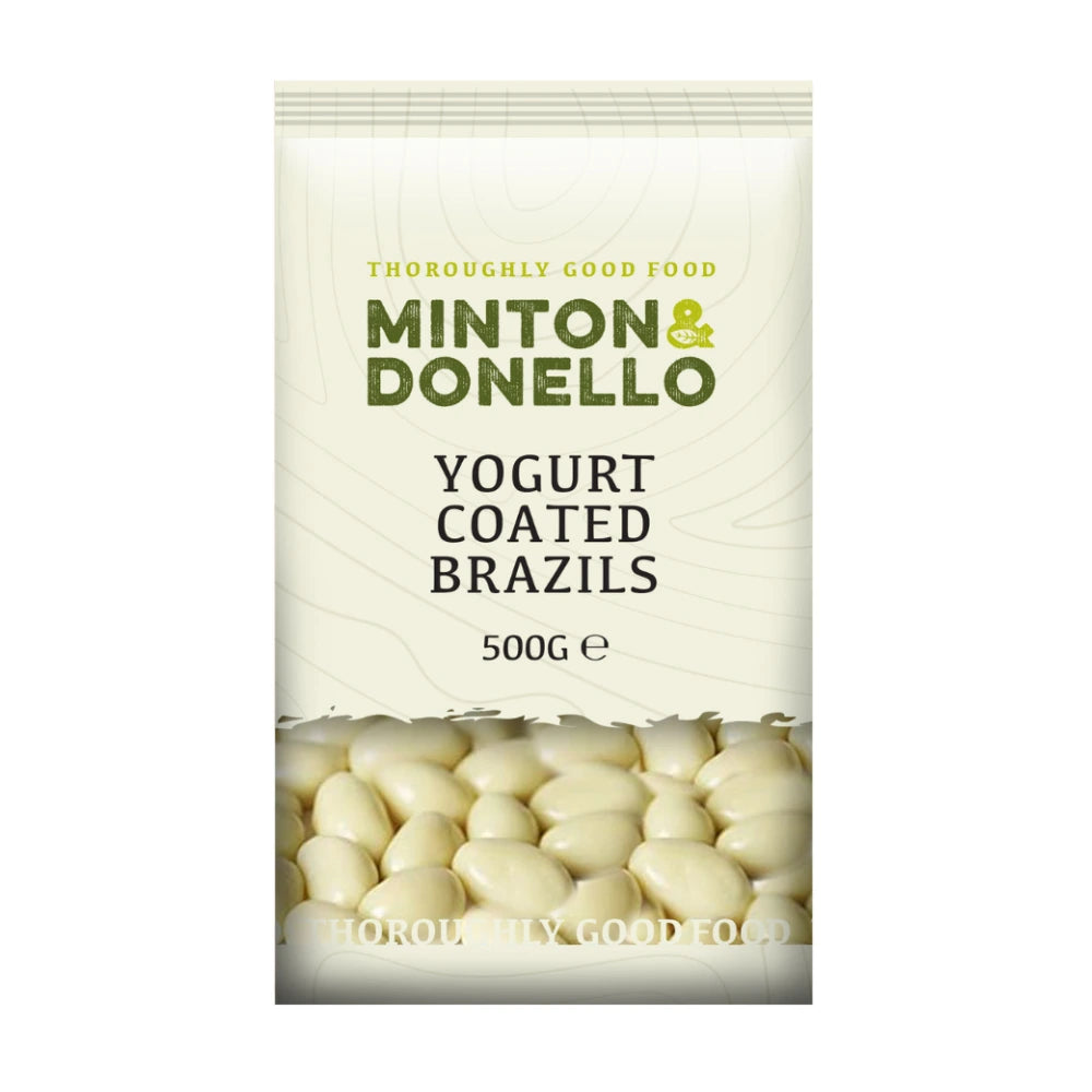 Packaging of Minton & Donello yogurt-coated brazils on a white background