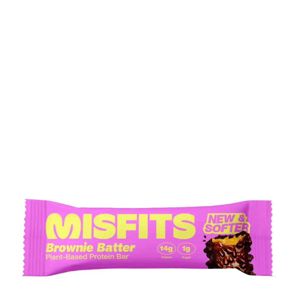 Pink protein bar packaging with 'Misfits' branding on a white background