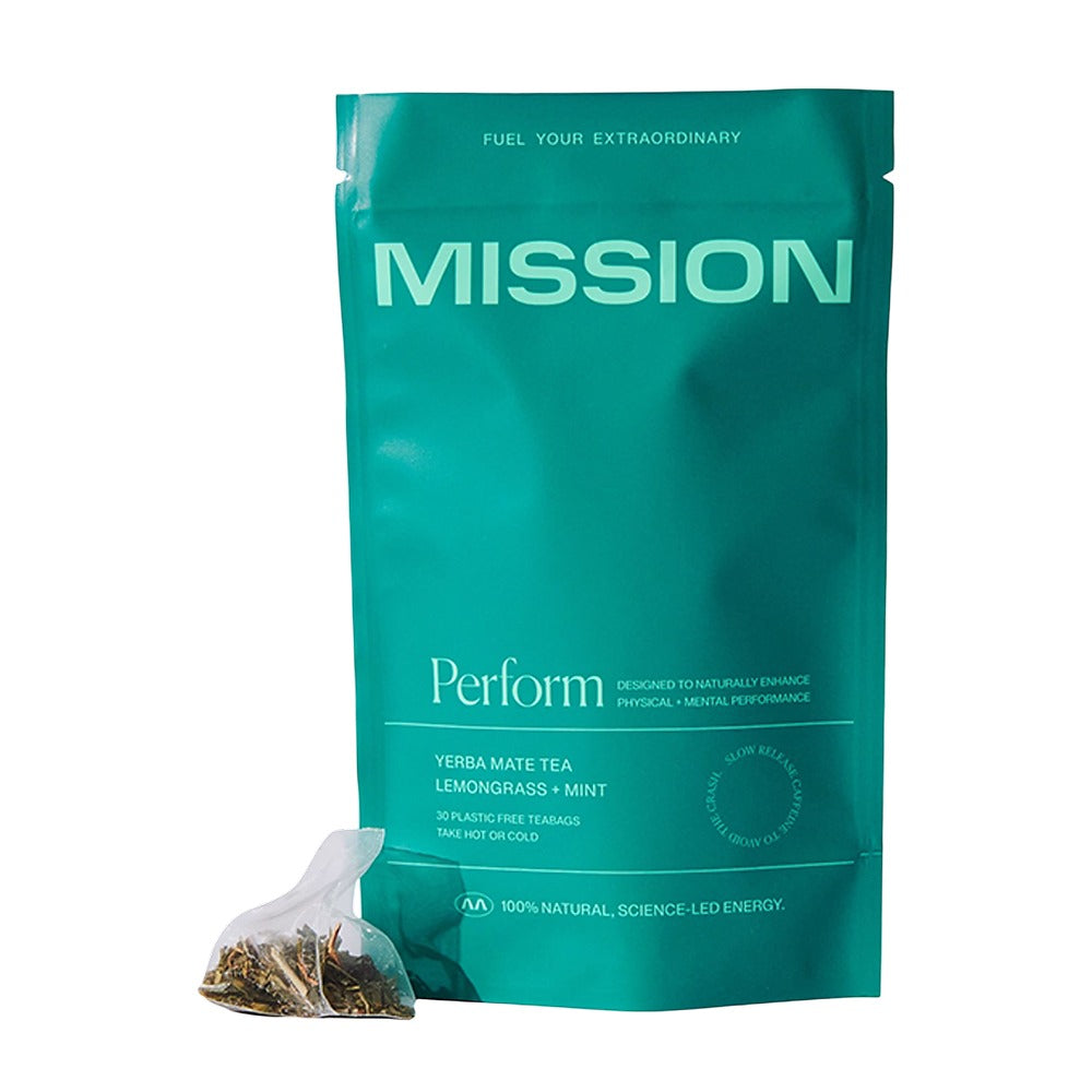 Tea package with 'Mission' branding on a white background