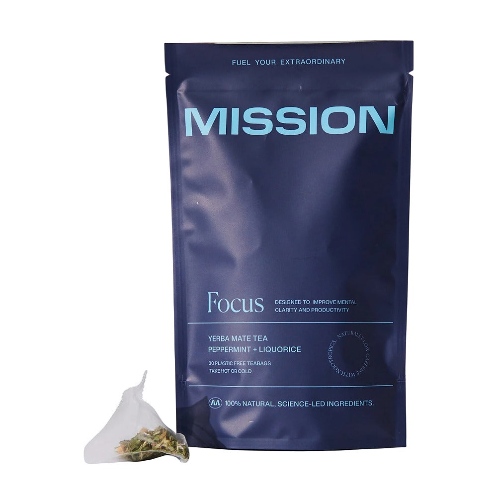 Mission Focus tea package with a tea bag on a white background