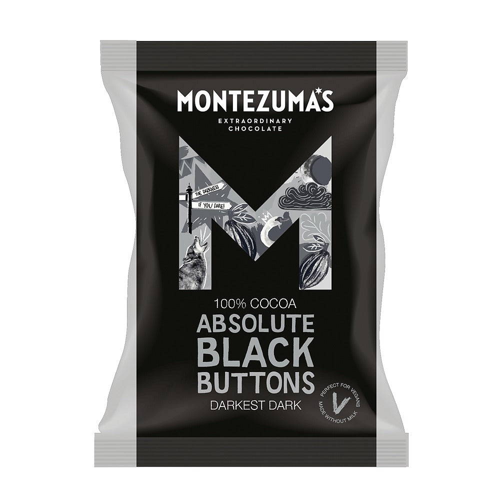 Montezuma's Absolute Black Buttons chocolate packaging on a white background
