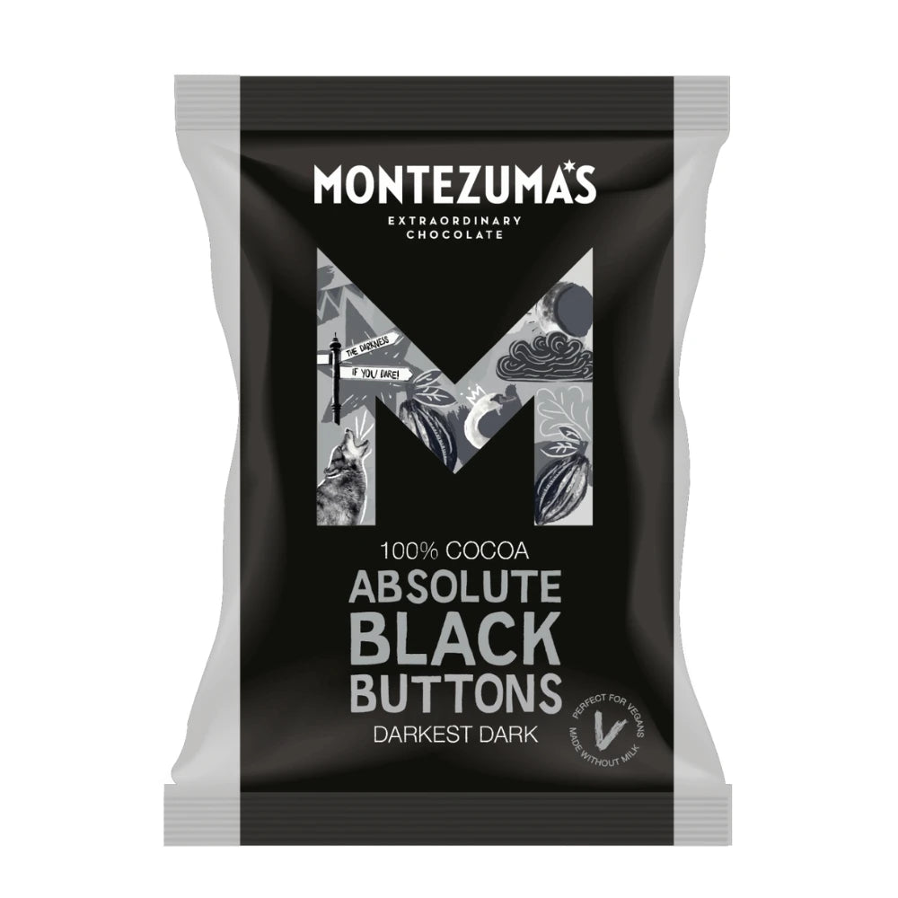 Montezuma's Absolute Black Buttons chocolate packaging on a white background