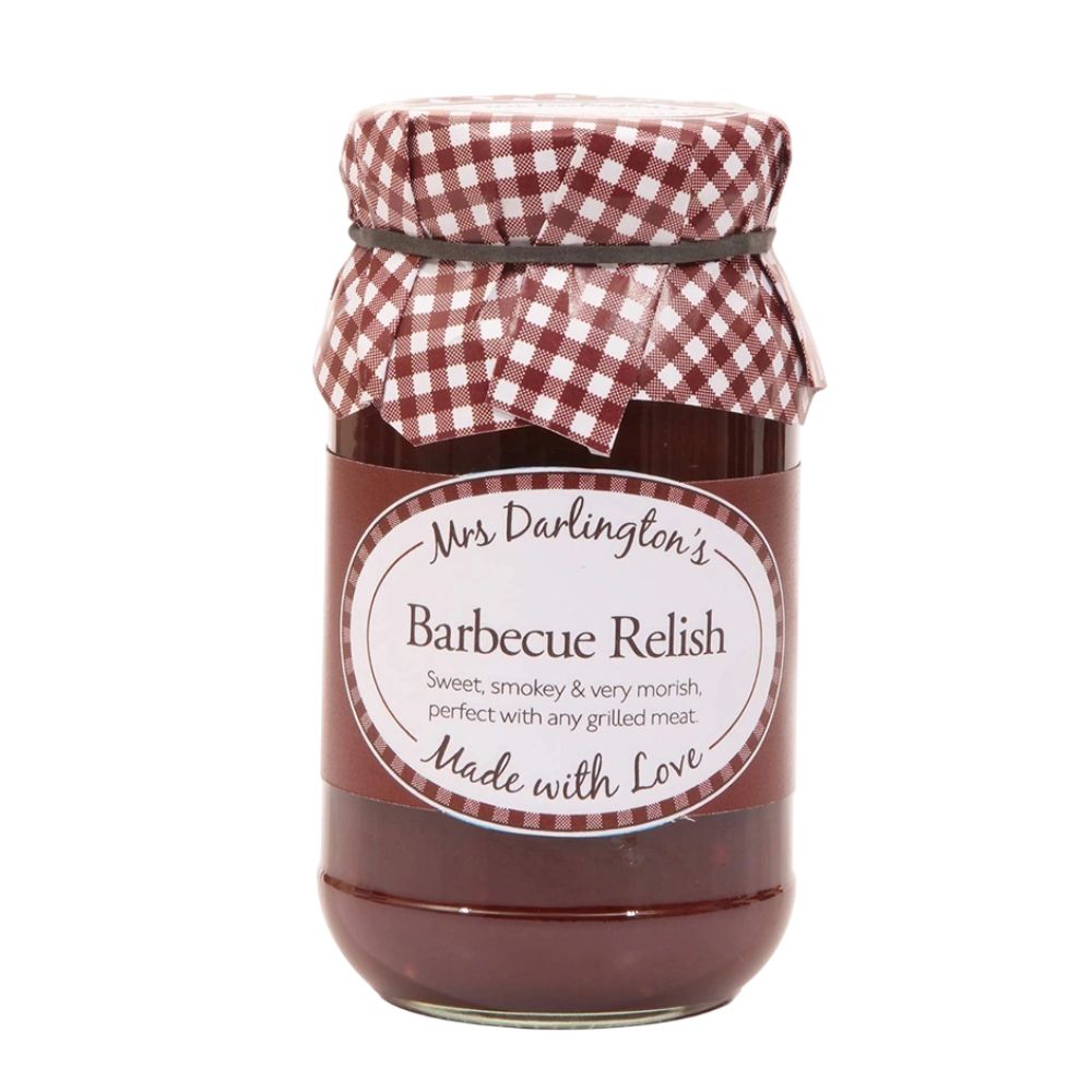 Jar of Mrs Darlington's Barbecue Relish with a checkered lid on a white background