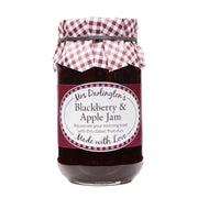 Jar of Mrs Darlington's Blackberry & Apple Jam with a checkered lid on a white background