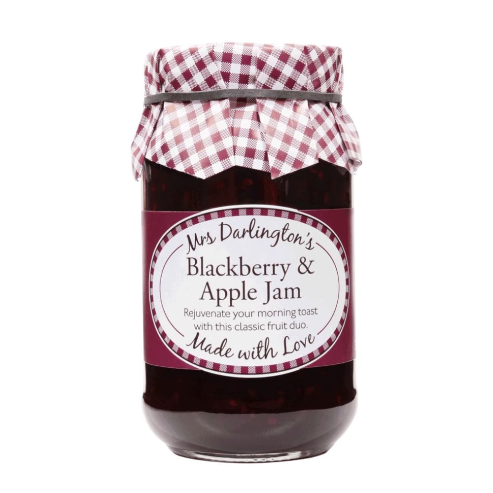 Jar of Mrs Darlington's Blackberry & Apple Jam with a checkered lid on a white background