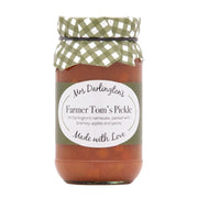 Jar of 'Farmer Tom's Pickle' with a green checkered lid on a white background