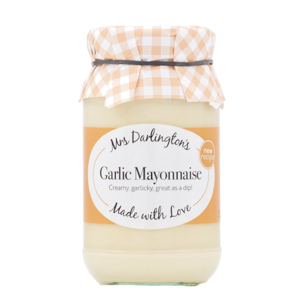 Jar of Mrs Darlington's Garlic Mayonnaise with a checkered lid on a white background
