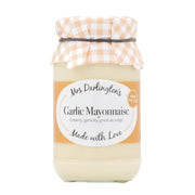 Jar of Mrs Darlington's Garlic Mayonnaise with a checkered lid on a white background