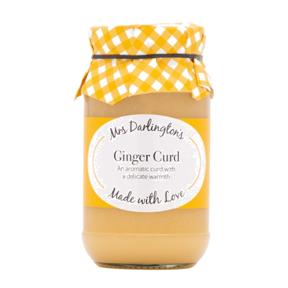 Jar of Mrs Darlington's Ginger Curd with a yellow checkered lid on a white background