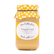 Jar of Mrs Darlington's Ginger Curd with a yellow checkered lid on a white background