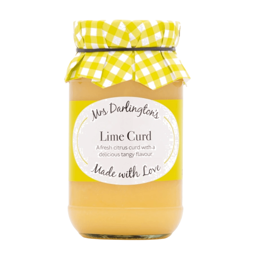 Jar of lime curd with a yellow checkered lid on a white background