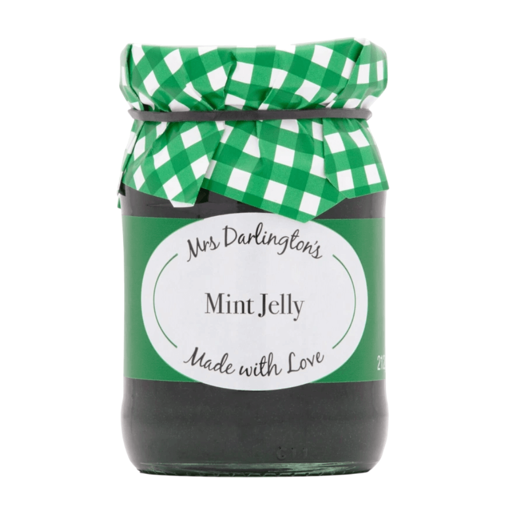 Jar of Mint Jelly with a green checkered lid on a white background
