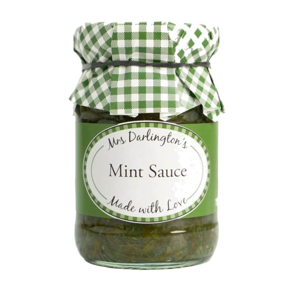 Jar of Mint Sauce with a green checkered lid on a white background