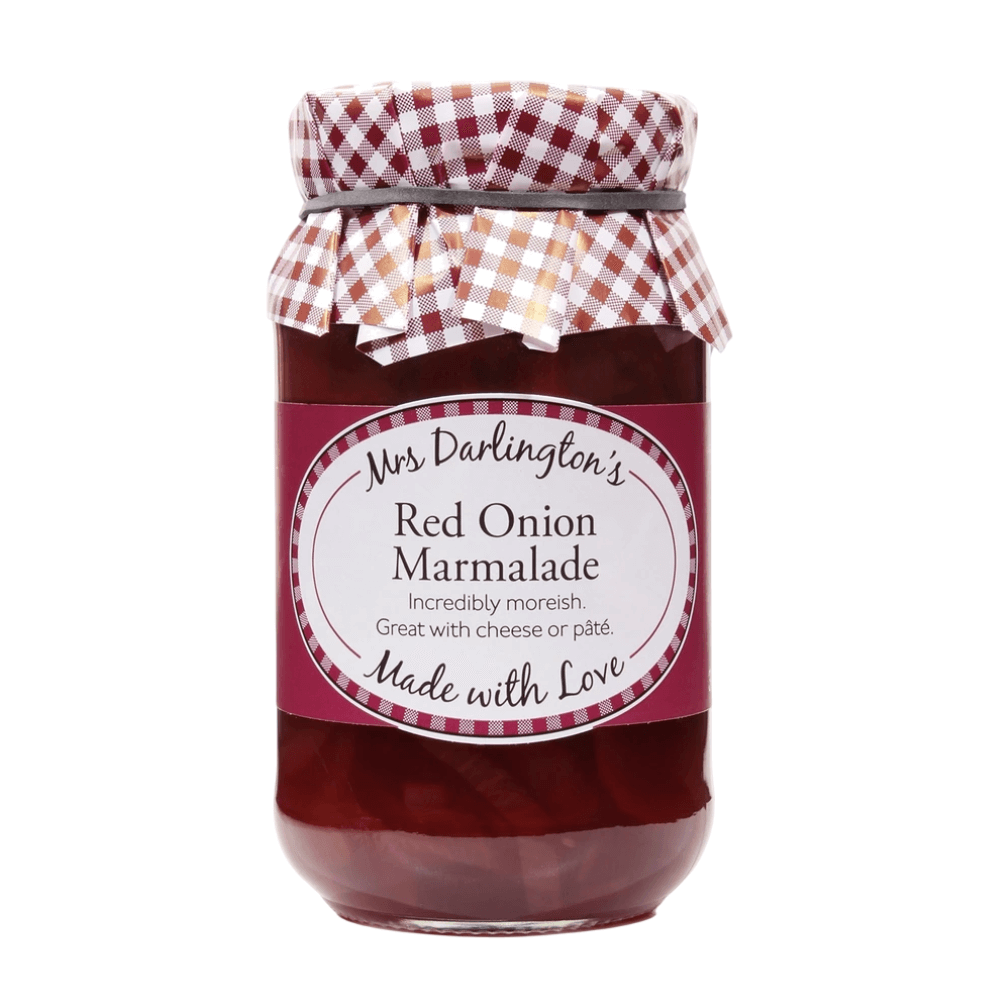 Jar of Mrs. Darlington's Red Onion Marmalade with a checkered lid on a white background