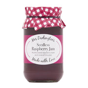 Jar of Mrs Darlington's Seedless Raspberry Jam with a checkered lid on a white background
