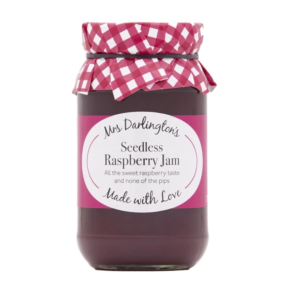 Jar of Mrs Darlington's Seedless Raspberry Jam with a checkered lid on a white background