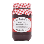 Jar of strawberry jam with a red and white checkered lid on a white background