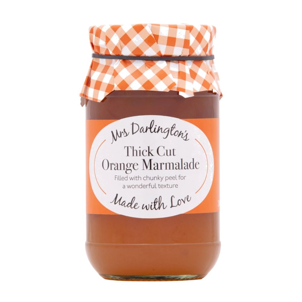 Jar of Mrs Darlington's Thick Cut Orange Marmalade with a checkered lid on a white background