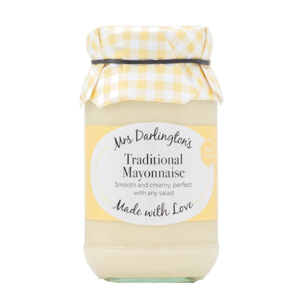 Jar of Mrs Darlington's Traditional Mayonnaise with a checkered lid on a white background