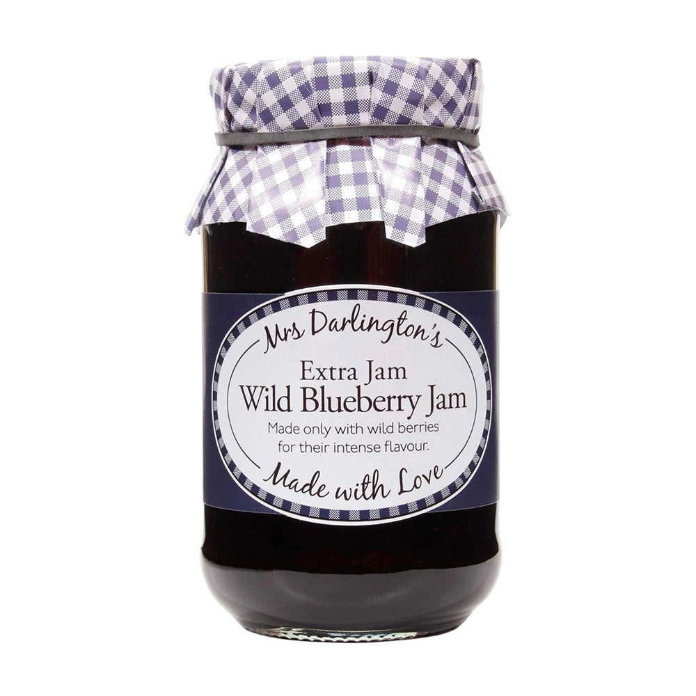 Jar of Mrs Darlington's Wild Blueberry Jam with a checkered lid on a white background