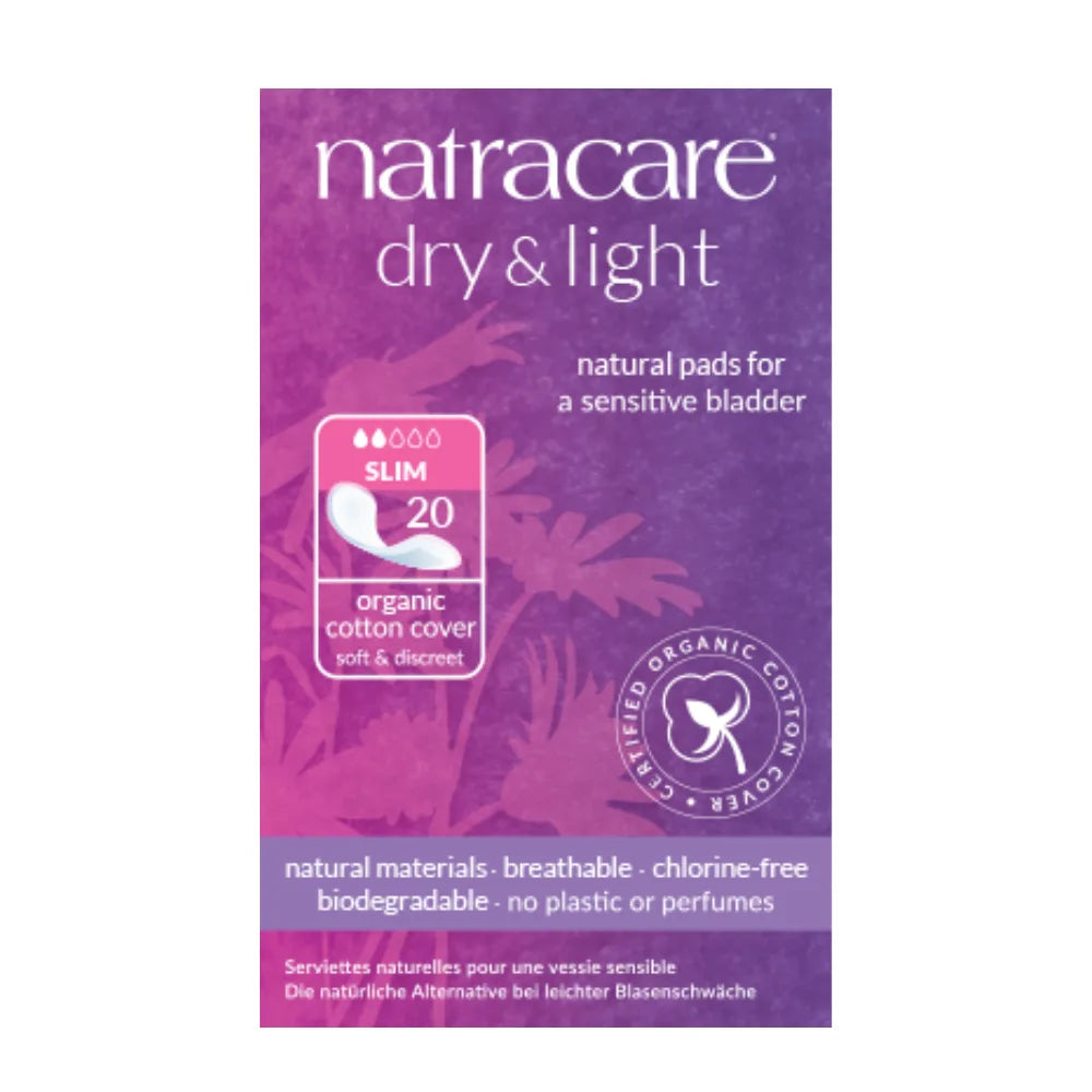 Natracare dry & light natural pads packaging on a white background