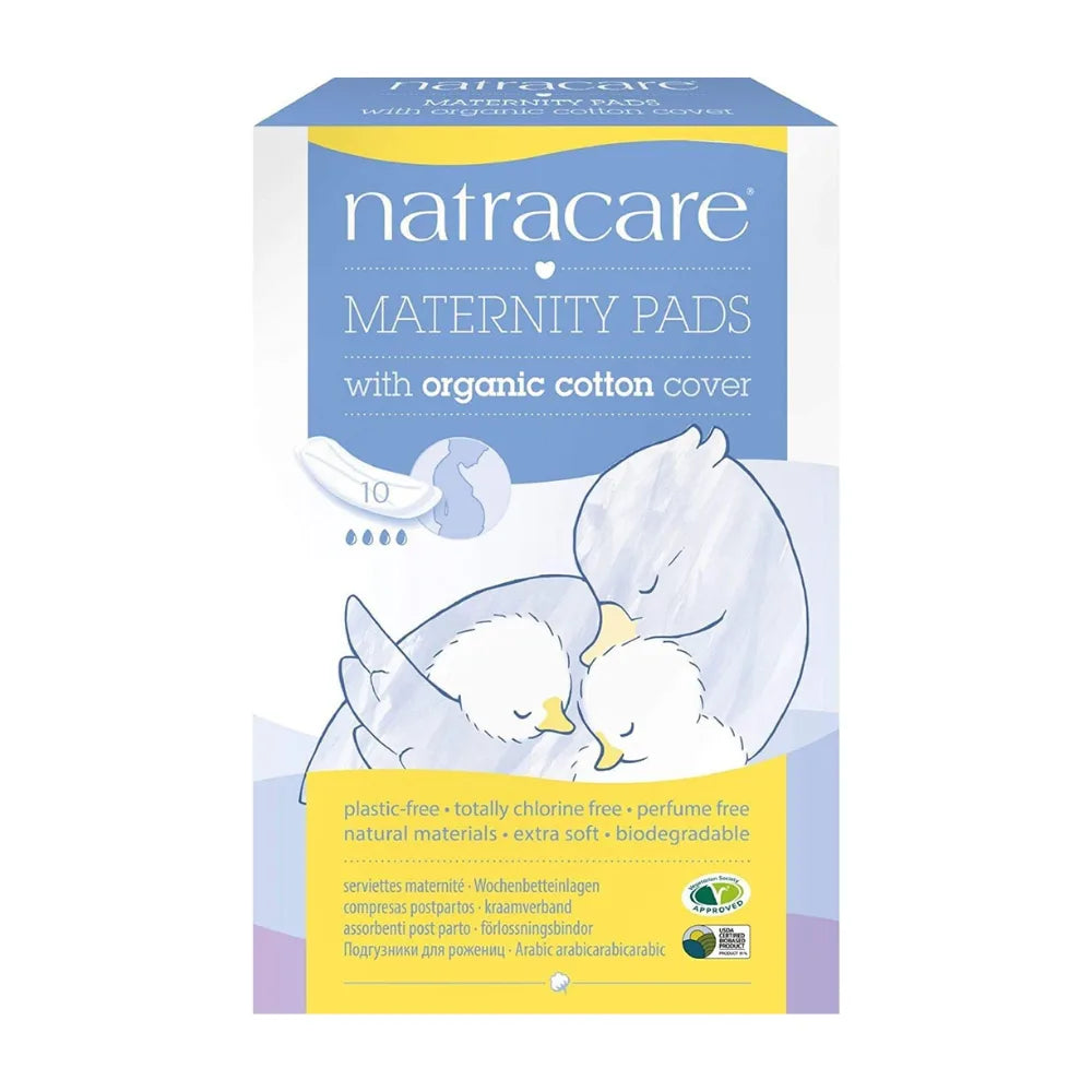 Box of Natracare maternity pads with organic cotton cover on a white background